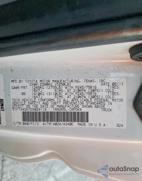 2013 Toyota Tacoma Prerunner Access Cab из США, поврежденный, VIN 5TFTX4GN7DX024116